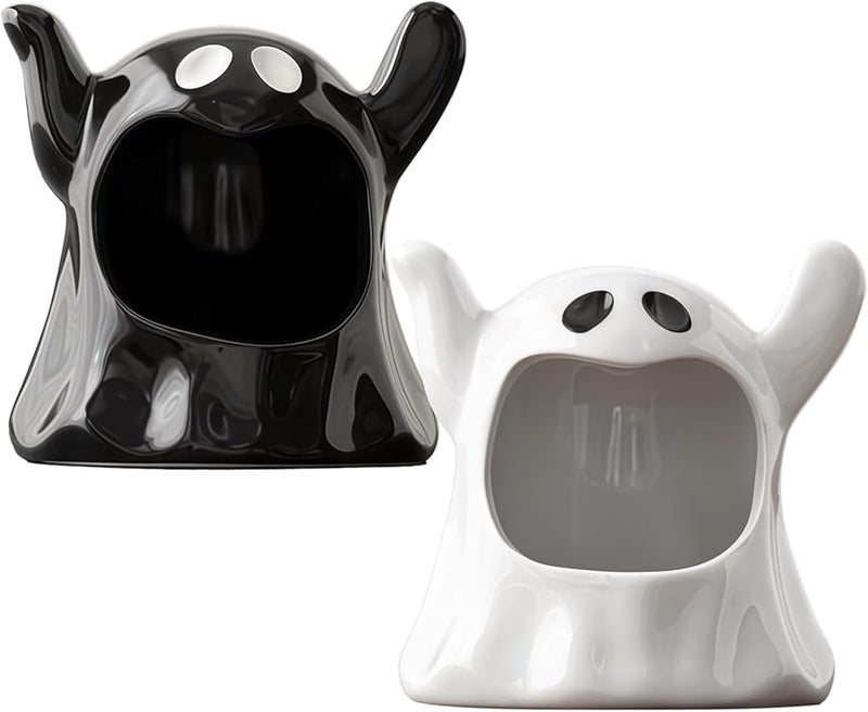 Halloween Ghost Ceramic Ashtray And Bowl Set 2 Pcs Black White Home Decor - Image 2