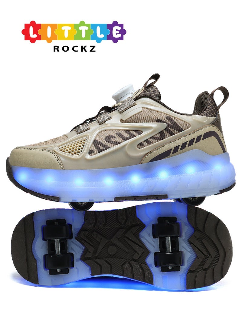 LITTLE ROCKZ أحذية رولر بأربع عجلات للأطفال مع أضواء فلاش LED قابلة للشحن - أحذية سنيكر سكايت هيليز بني - Image 1