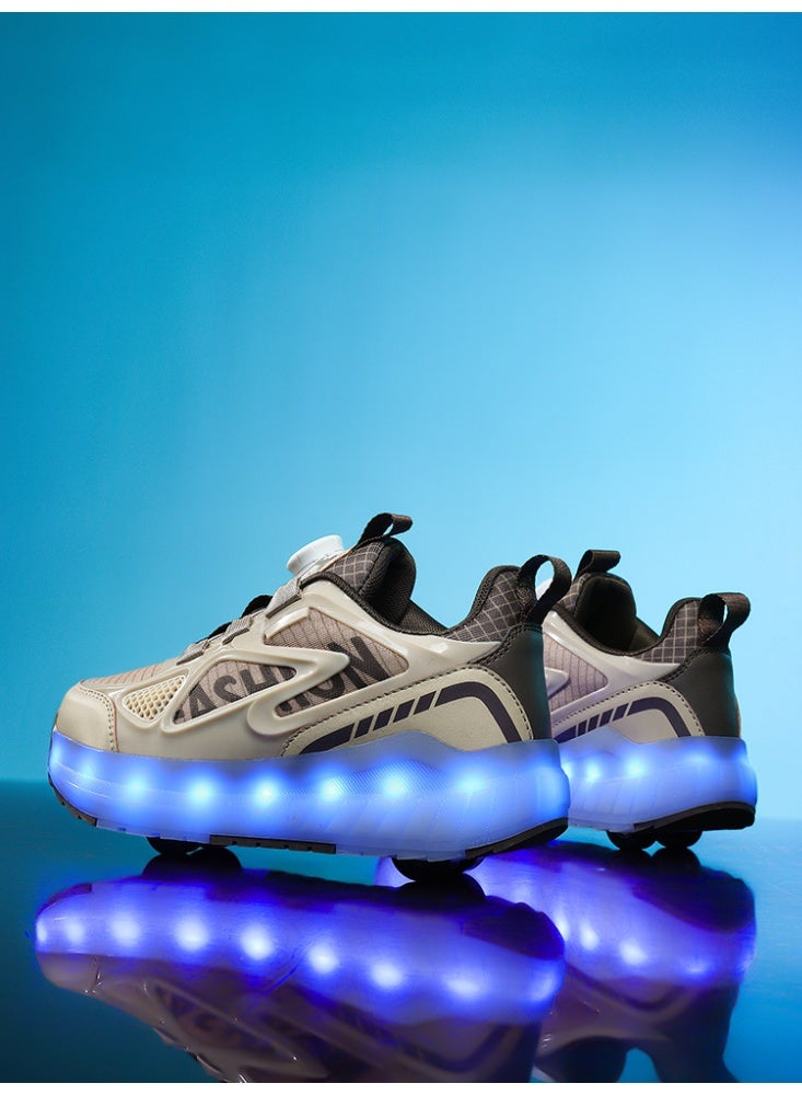 LITTLE ROCKZ أحذية رولر بأربع عجلات للأطفال مع أضواء فلاش LED قابلة للشحن - أحذية سنيكر سكايت هيليز بني - Image 4