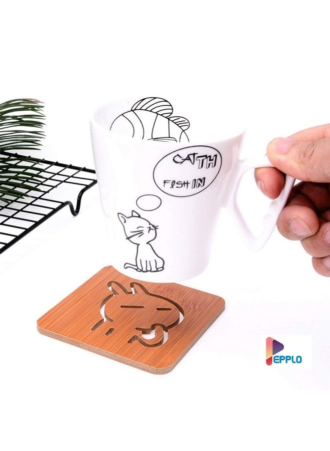 pepplo Wooden Drinks Coasters for Tea Coffee Cup Mug Cat Themed with Coaster Holder Cat Lovers Gifts for Women Men Kids,Random Pattern (Set of 5, 3Big + 2Small) - Image 3