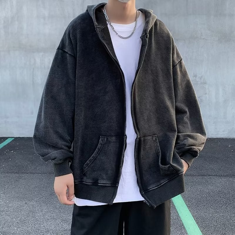 Vintage Wash Hoodie Unisex Couples’ Outwear Black  - Image 1