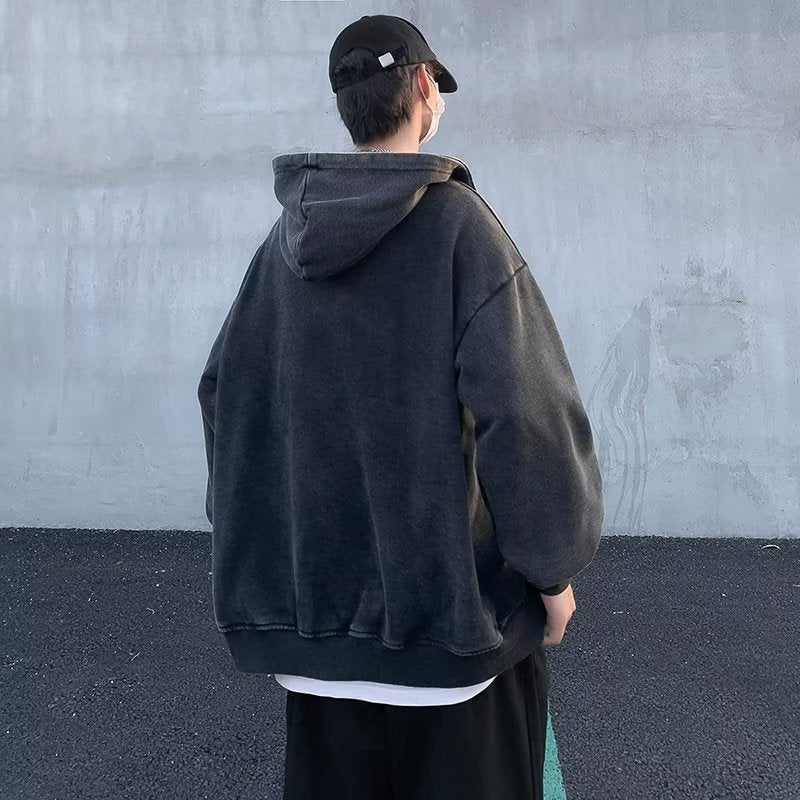Vintage Wash Hoodie Unisex Couples’ Outwear Black  - Image 4