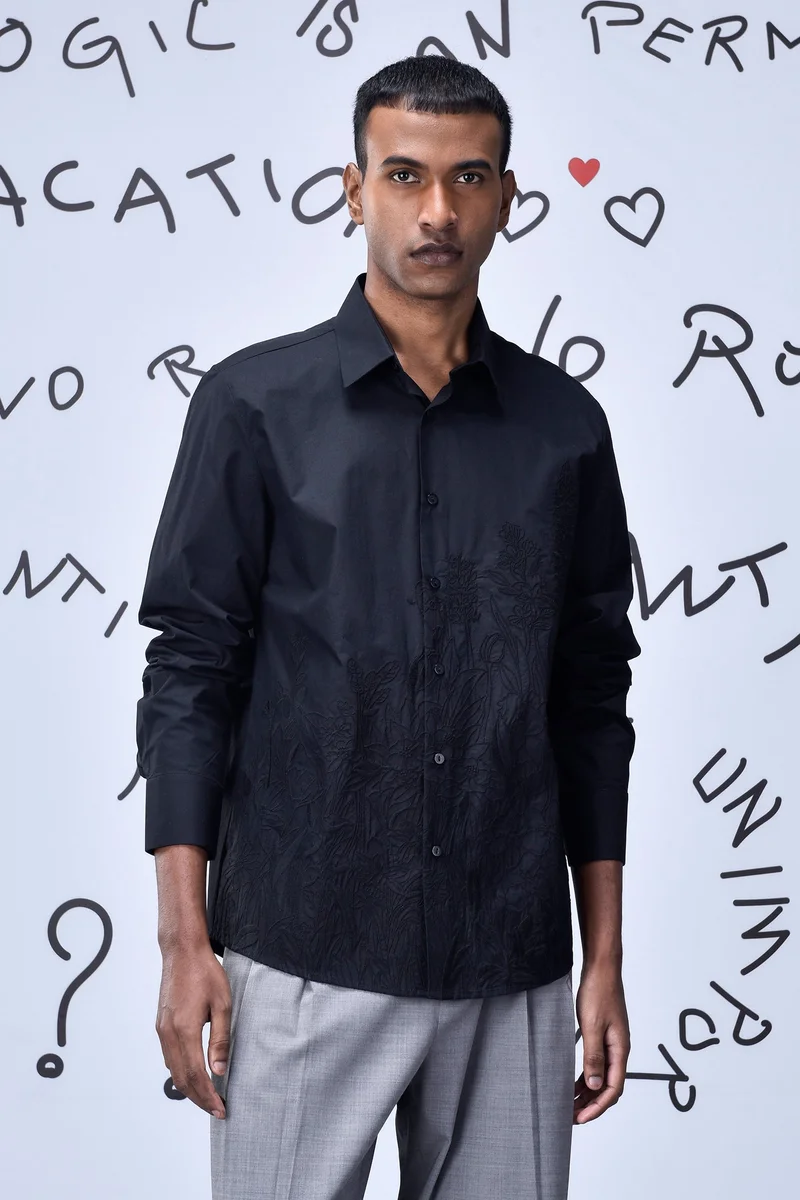 Genes Lecoanet Hemant Garden Thread Embroidery Regular Fit Shirt- Black