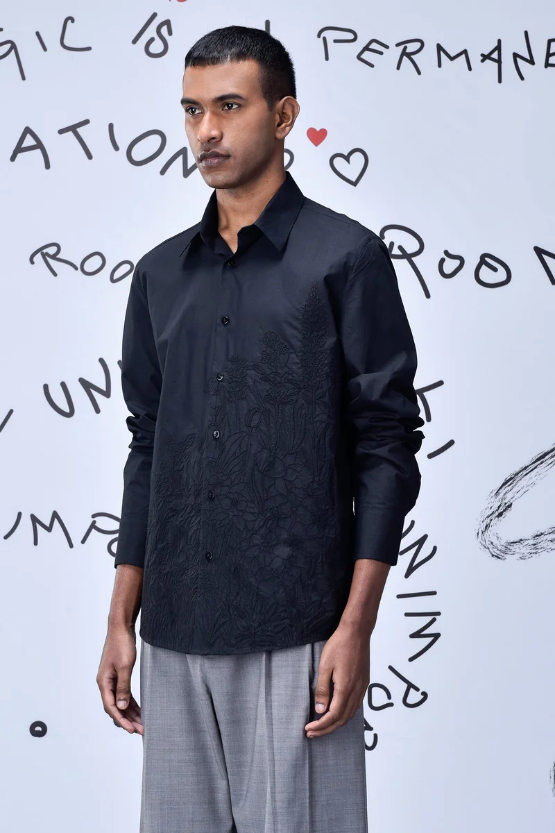 Genes Lecoanet Hemant Garden Thread Embroidery Regular Fit Shirt- Black