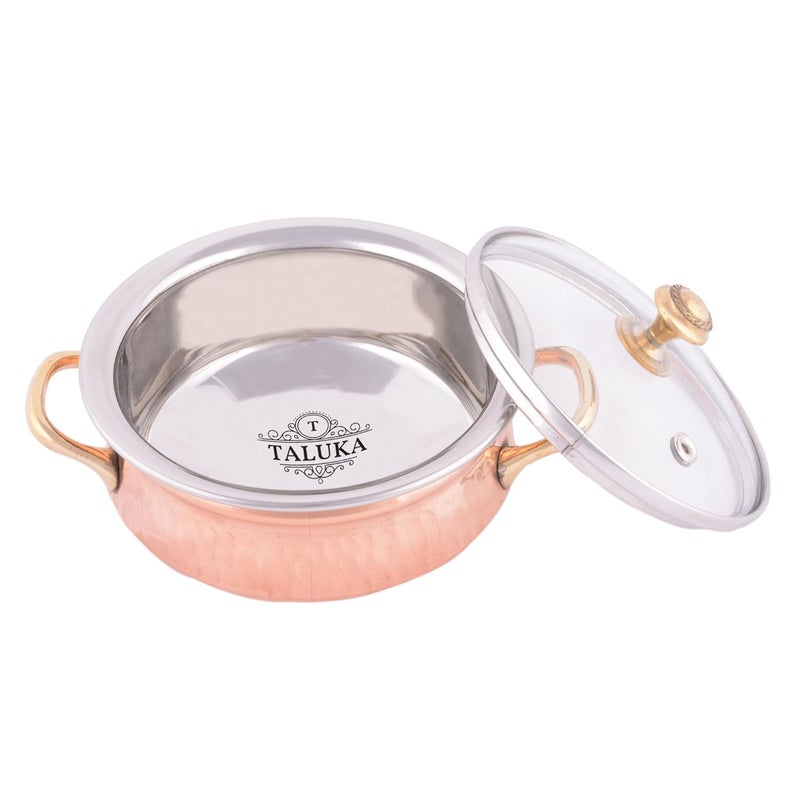 Taluka Pure Copper Handmade Designer Hammered Copper Casserole with Glass Lid Set of 2 Casserole with Serving Spoon for Serving Restaurant Hotel Home Ware Capacity 600 ml Each - Image 2