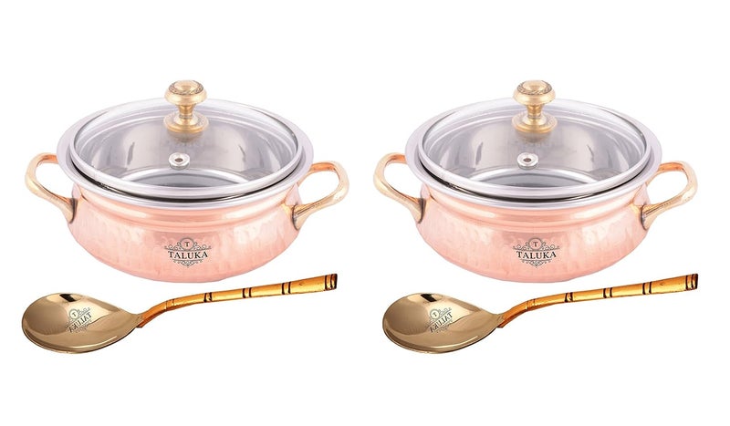 Taluka Pure Copper Handmade Designer Hammered Copper Casserole with Glass Lid Set of 2 Casserole with Serving Spoon for Serving Restaurant Hotel Home Ware Capacity 600 ml Each - Image 1