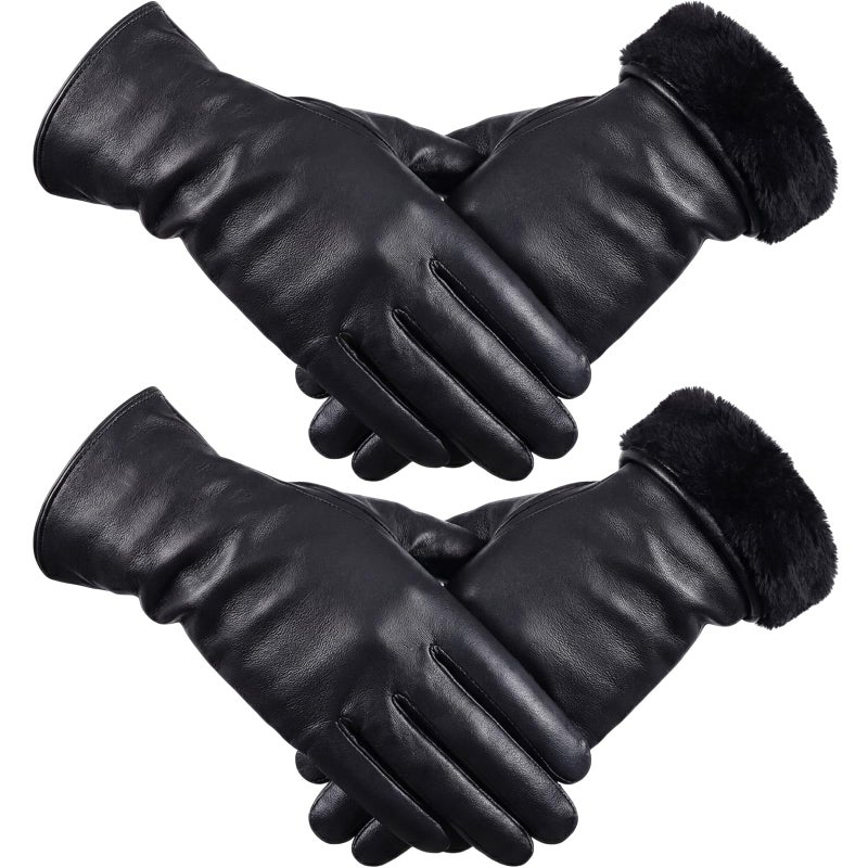 Cuffbow 2 Pairs Women's Lambskin Leather Gloves Touch Screen Warm Fleece Lining Driving Winter Gloves for Cold Weather, M-L(Black) - Image 1