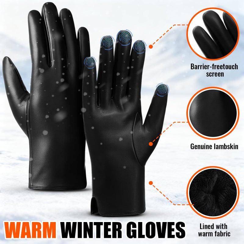 Cuffbow 2 Pairs Women's Lambskin Leather Gloves Touch Screen Warm Fleece Lining Driving Winter Gloves for Cold Weather, M-L(Black) - Image 3