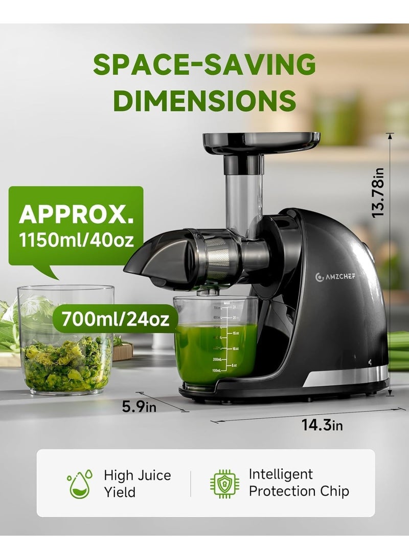 amzchef Cold Press Slow Juicer, Electric Masticating Machine for Fruits and Vegetables, with 2 Cups and Brush (Black) - Image 3