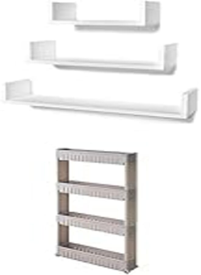 OR STOREMIC U-Shaped Floating Mounted Shelves for Wall 50cm, 35cm, 25cm, Easy to Install White, Pack of 3 + 4 Tier Gap Storage Rack, Organizer for Kitchen and Bathroom 4 Shelves, Grey 