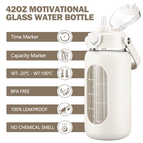 kytffu 42oz Glass Water Bottles with Straw, Motivational Glass Bottle with Silicone Sleeve and Time Marker, Leakproof Large Glass Water Jug for Gym Home Office,White - Image 2