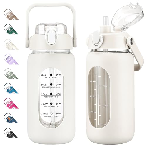 kytffu 42oz Glass Water Bottles with Straw, Motivational Glass Bottle with Silicone Sleeve and Time Marker, Leakproof Large Glass Water Jug for Gym Home Office,White - Image 1
