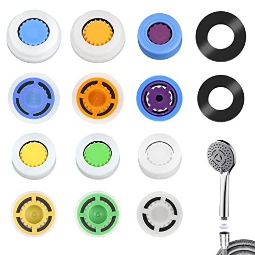 AIEX 12 Pcs Water Flow Restrictor, Multiple Specification Shower Flow Reducer Limiter Regulator, 1.2/1.5/1.8/2.0/2.2/2.5 GPM Flow Restrictor for Shower Head Fixed Water Saving (15mm/16mm in Diameter) - Image 1