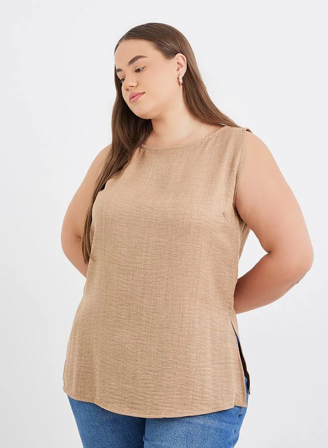 ستايلي Styli Plus Brown Longline Blouse with Slit Hem