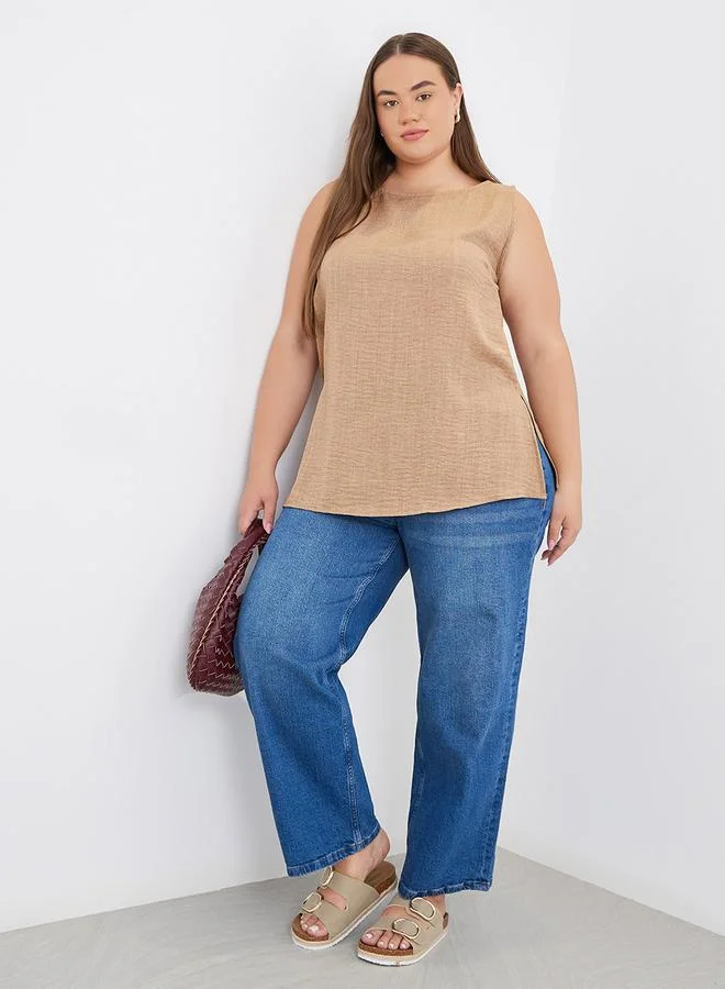 ستايلي Styli Plus Brown Longline Blouse with Slit Hem
