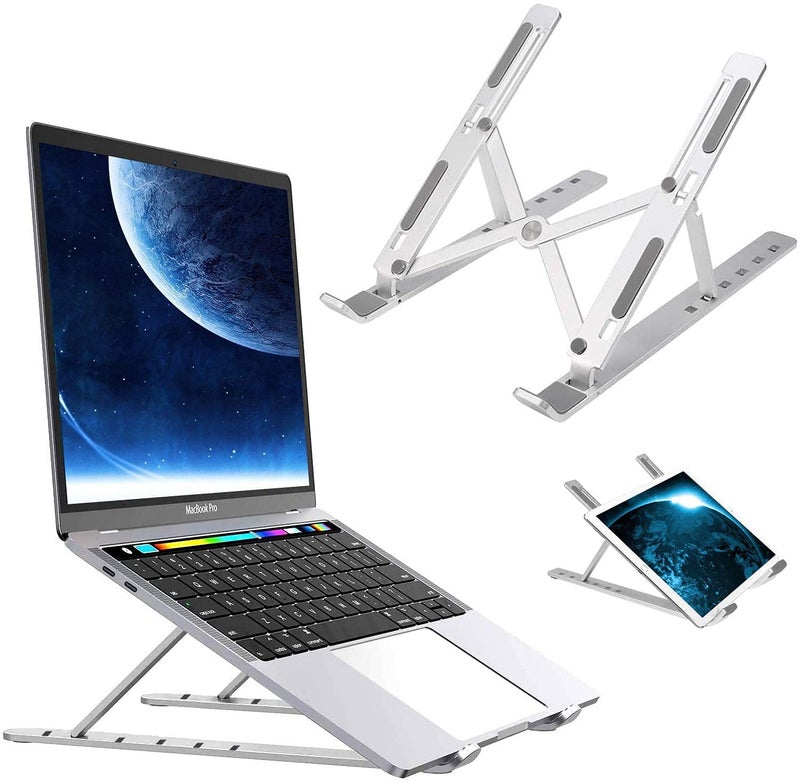 Enclave Portable Foldable Laptop Stands Holder Ergonomic Adjustable Height 6 Angles Aluminium Alloy MacBook Stand for Desk Silver