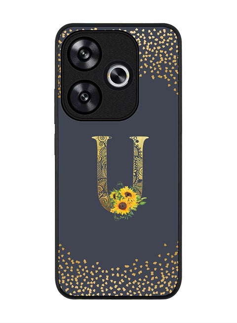 Rugged Black edge case for Xiaomi Poco F6 / Xiaomi Redmi Turbo 3 Case Cover- Custom Monogram Initial Letter Floral Pattern Alphabet - U (Grey)