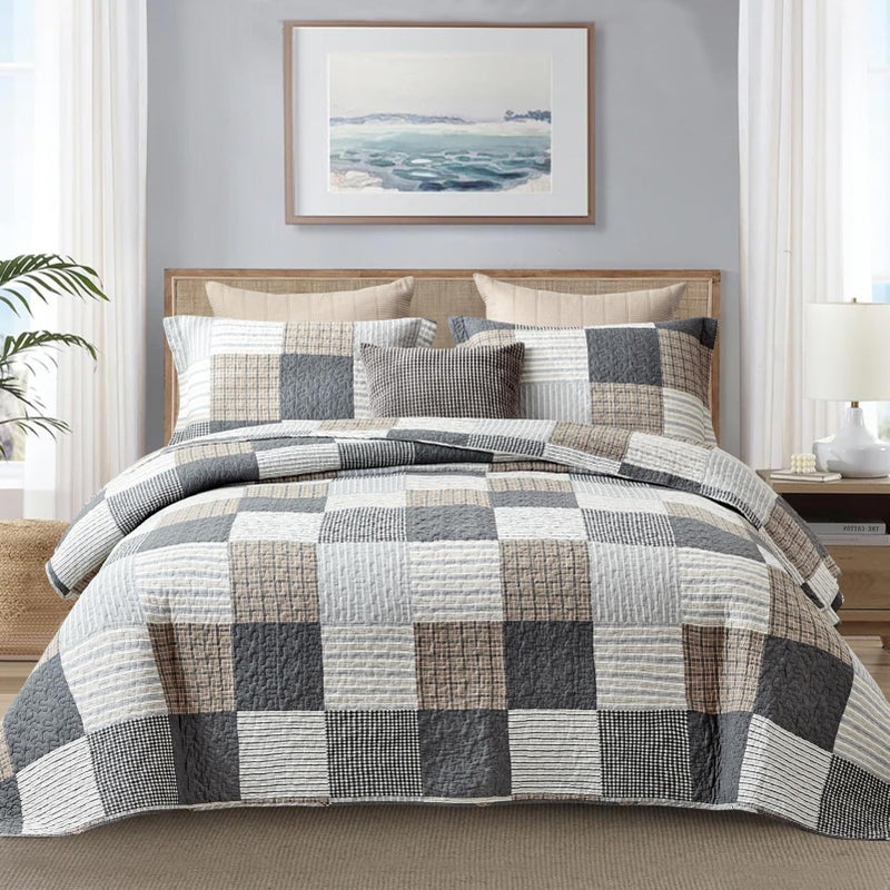 Finlonte Quilt Set Queen Size 100 Cotton Queen Comforter Set Plaid Quilted Bedspread Farmhouse Country Bed Spread Lightweight Reversible Quilt Bedding Set AllSeason GrayBrownBlackWhite 3Pcs