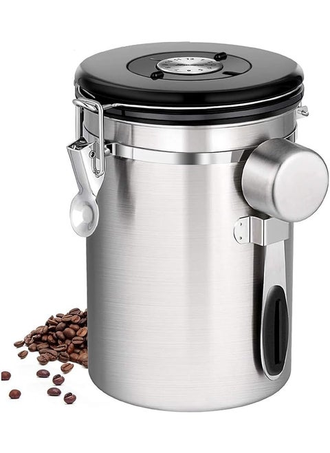Canister Stainless Steel Food Storage Container With Date Tracker Co2 Release Valve And Measuring Scoop For Beans Grounds Tea Flour Cereal Sugar Silver