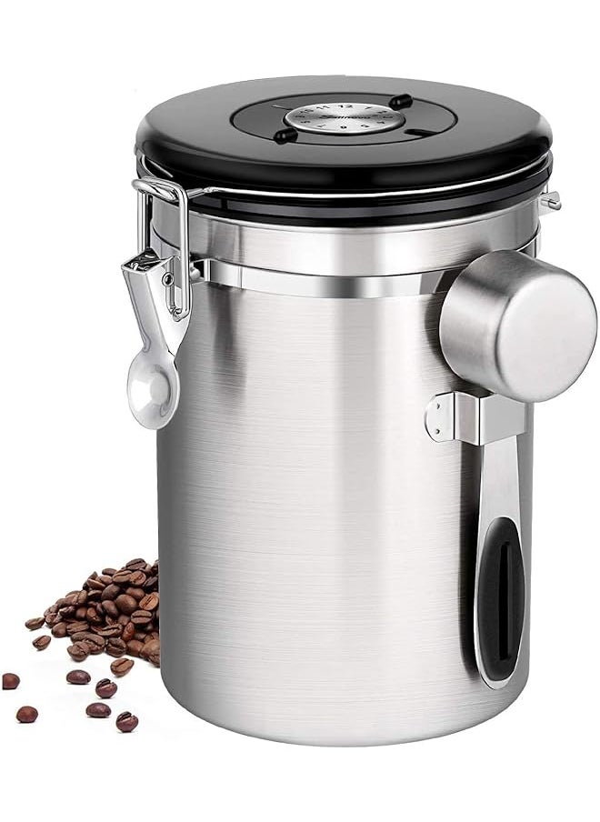 U-HOOME - Canister Stainless Steel Food Storage Container With Date Tracker Co2 Release Valve And Measuring Scoop For Beans Grounds Tea Flour Cereal Sugar Silver - Image 1