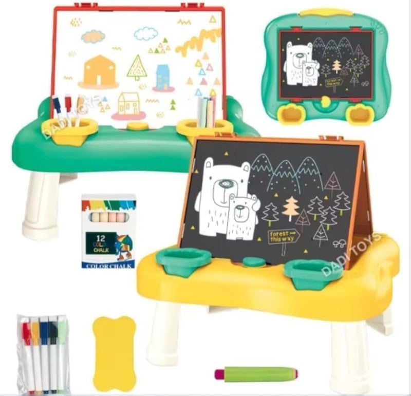 Hape Kids Art Station Drawing Table Set with Double-Sided Board, Whiteboard and Chalkboard, Educational Desk with Markers and Chalk