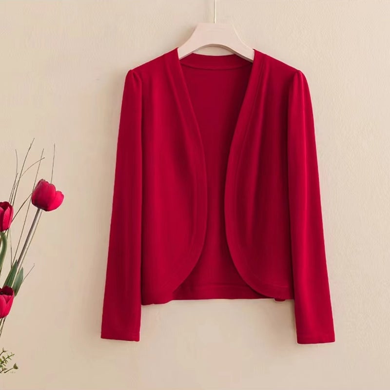 Spring Summer Knit Cardigan Shawl Short Coat Red [Shawl] - Image 1