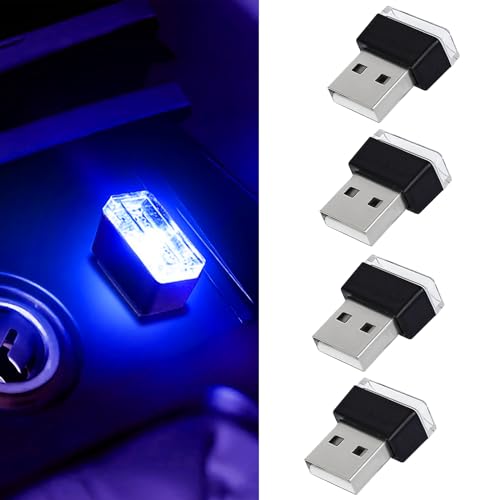 Hbxdeco 4 PCS USB LED Car Interior Atmosphere Lamp Portable Mini Auto LED Decor Night Light Plugin USB Interface Ambient Lighting Kit Universal Car Interior AccessoriesBlue - Image 1