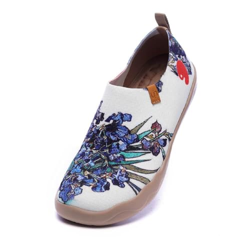 UIN Women's Lightweight Slip Ons Comfort Walking Floral Flats Casual Holiday Art Painted Travel Shoes Iris (9.5) - Image 1