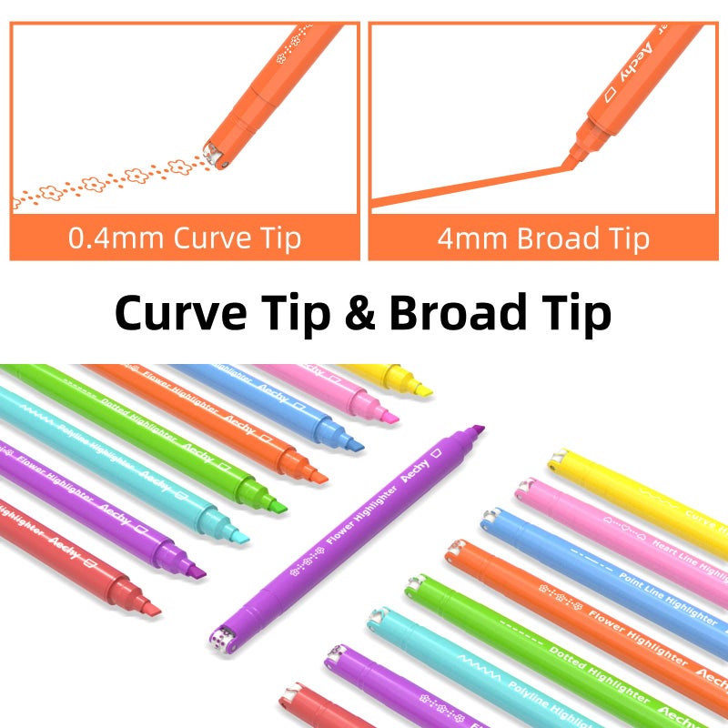 AECHY 8PCS Curve Highlighter Pen Set, Dual Tip Marker Pens with 6 Different Curve Shapes & 8 Colors Mark Lines, Aesthetic Curve Marker Highlighter for Journal Planner School Supplies - Image 2