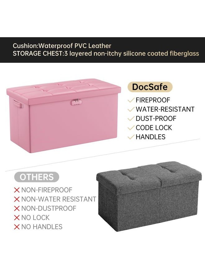 DocSafe Storage Ottoman Bench with Lock,Fireproof 30 Inches Folding Bench Foot Rest Stool Storage Chest Safe for Living Room,Bedroom,Home Office,Waterproof Leather Ottoman with Handles,Pink - Image 4