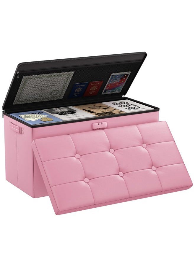 DocSafe Storage Ottoman Bench with Lock,Fireproof 30 Inches Folding Bench Foot Rest Stool Storage Chest Safe for Living Room,Bedroom,Home Office,Waterproof Leather Ottoman with Handles,Pink - Image 1