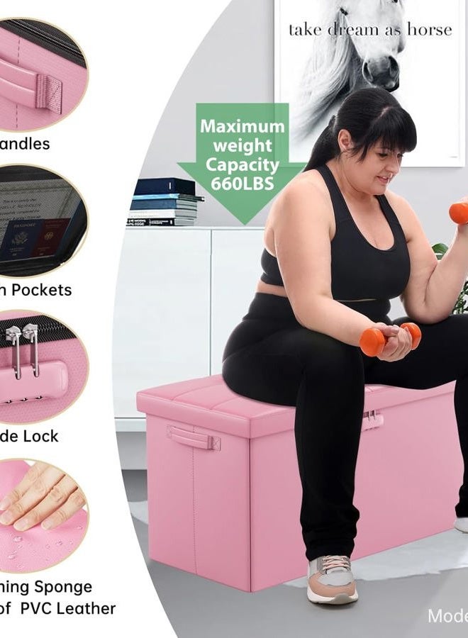 DocSafe Storage Ottoman Bench with Lock,Fireproof 30 Inches Folding Bench Foot Rest Stool Storage Chest Safe for Living Room,Bedroom,Home Office,Waterproof Leather Ottoman with Handles,Pink - Image 5