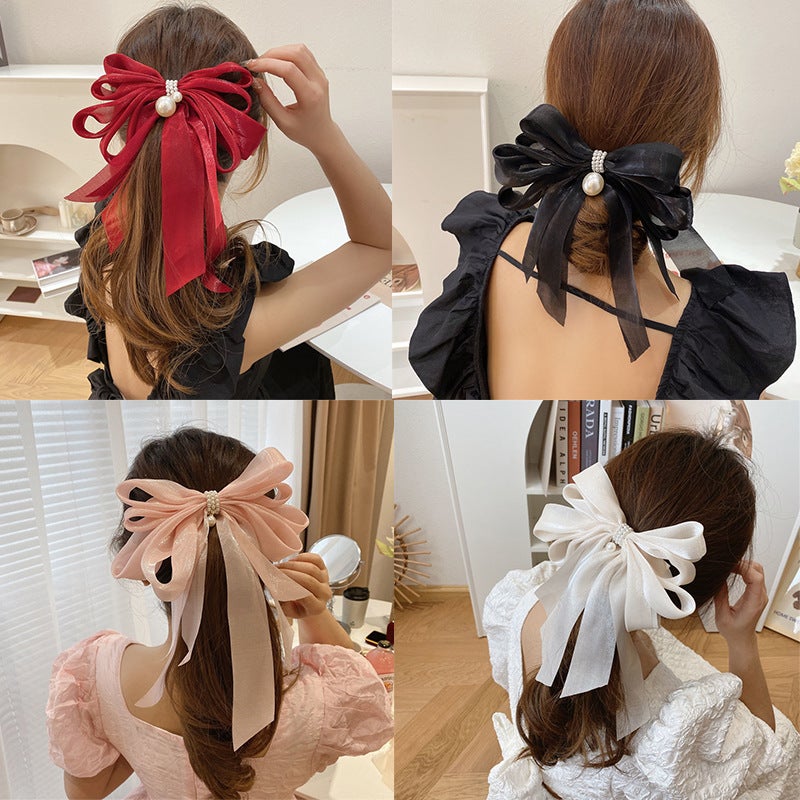 Generic Japanese and Korean Style Oversized Organza Bow Hairpin Pearl Spring Clip Back Head Hairpin Top Clip Tassel Ribbon Hair Accessories Black Pearl Mermaid Ji Hairpin Y