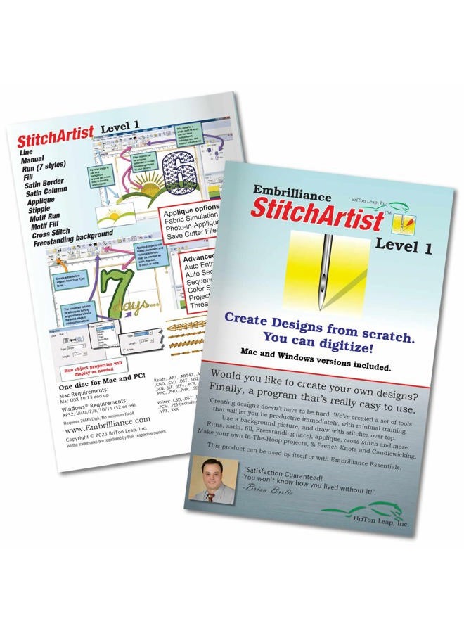 Embrilliance Stitchartist Level 1 Machine Embroidery Digitizing Software and World Weidner Stabiliser Bundle - Image 1