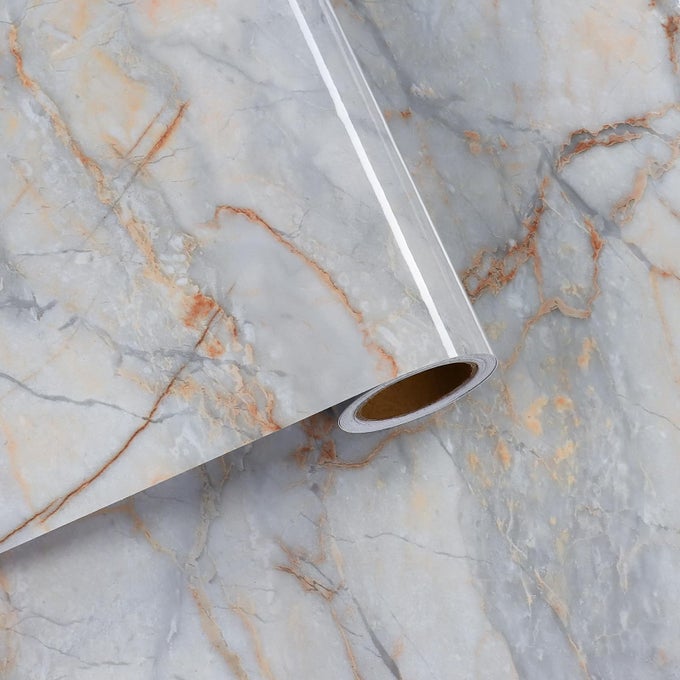 BLUE GOLD BEIGE MARBLE CONTACT PAPER FOR COUNTERTOPS PEEL AND STICK GLOSSY MARBLE WALLPAPER WATERPROOF SELF ADHESIVE MARBLE VINYL WRAP WALL PAPER FOR BATHROOM KITCHEN TABLE SHELF 118X118