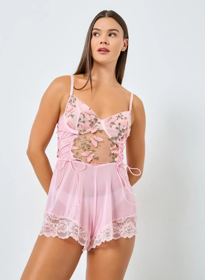 Styli Styli Butterfly Embroidered Teddy with Lace Detail