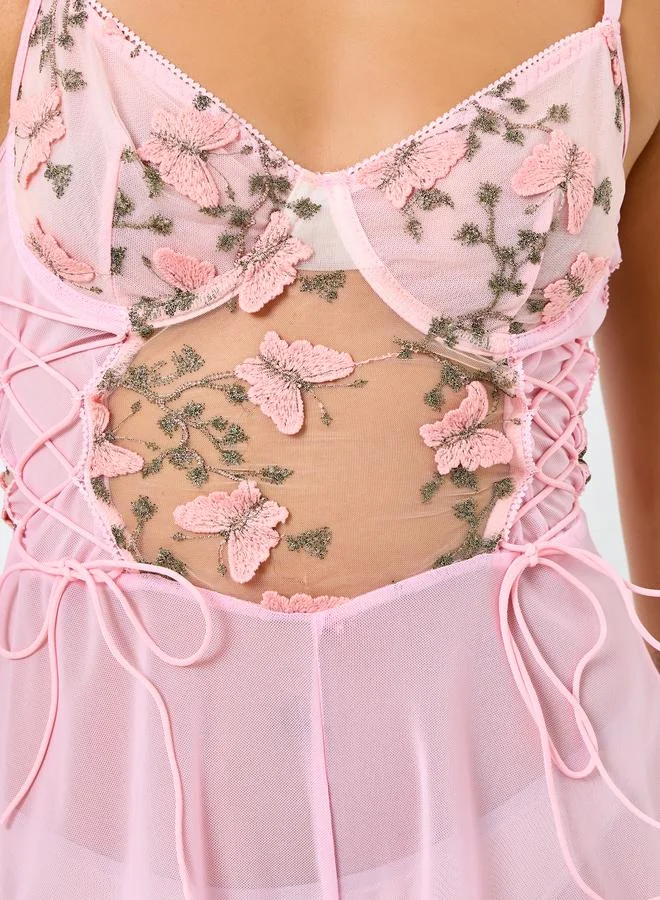 Styli Styli Butterfly Embroidered Teddy with Lace Detail
