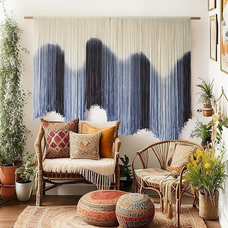 IOWER Macrame Wall Hanging Large Blue Dip Dyed Fiber Art Tapestry, Handmade Boho Wall Decor for Living Room Bedroom, Macrame Wall Art 57" W x 39" L - Image 1
