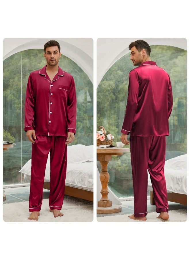 Feraco New Men's Ice Silk Pajama Set for Spring and Autumn - Two-Piece Set with Lapel, Long Sleeves, and Pants - European and American Style, Casual and Comfortable (Red) - Image 1