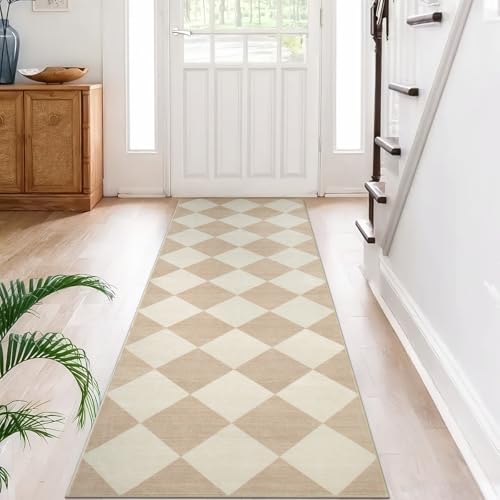 Beeiva Checkered Print Carpet Runners for Hallway 6ft, Beige Ultra Thin Washable Kitchen Runner Rug Non Slip, Moroccan Plaid Checkerboard Decor Faux Wool 2x6 Rug for Bedroom Bathroom Entryway - Image 1