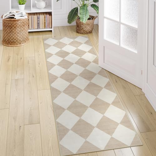 Beeiva Checkered Print Carpet Runners for Hallway 6ft, Beige Ultra Thin Washable Kitchen Runner Rug Non Slip, Moroccan Plaid Checkerboard Decor Faux Wool 2x6 Rug for Bedroom Bathroom Entryway - Image 2