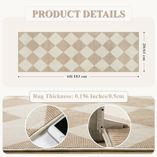 Beeiva Checkered Print Carpet Runners for Hallway 6ft, Beige Ultra Thin Washable Kitchen Runner Rug Non Slip, Moroccan Plaid Checkerboard Decor Faux Wool 2x6 Rug for Bedroom Bathroom Entryway - Image 5