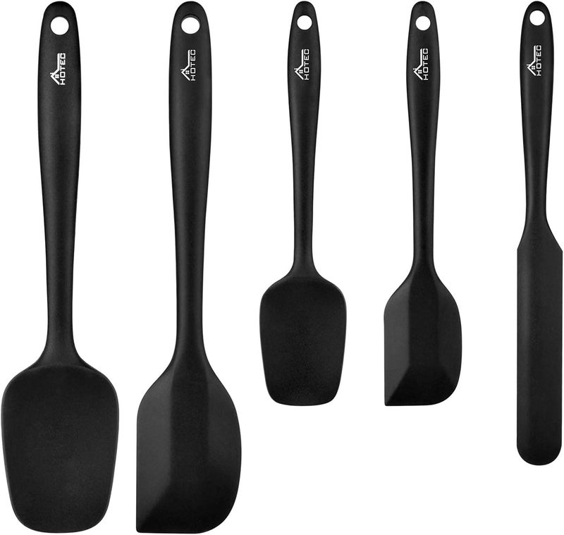 hotec 600℉ Heat Resistant BPA-Free Silicone Rubber Spatula Set,Kitchen Cooking Spatulas, Baking, Mixing for Non Stick Cookware, Dishwasher Safe, Black Set of 5 - Image 1