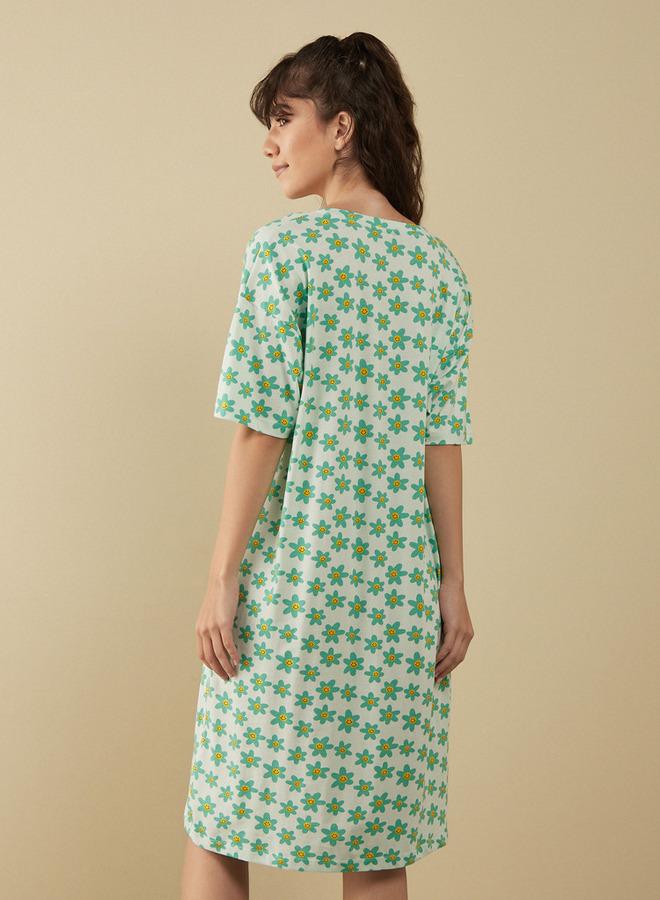 سبلاش فيڤ قميص نوم بطبعة زهور بياقة على شكل - Image 3