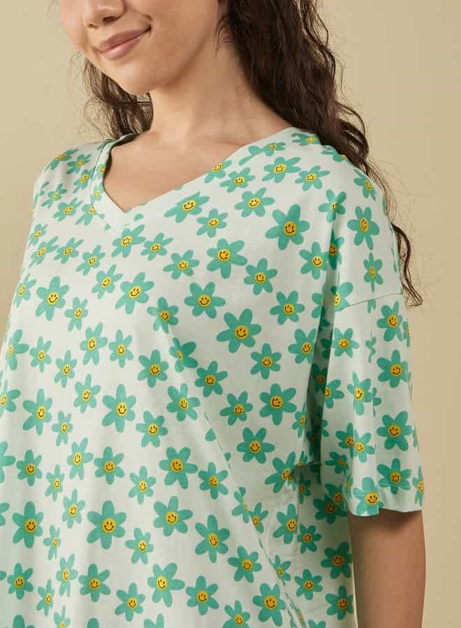 سبلاش فيڤ قميص نوم بطبعة زهور بياقة على شكل - Image 4