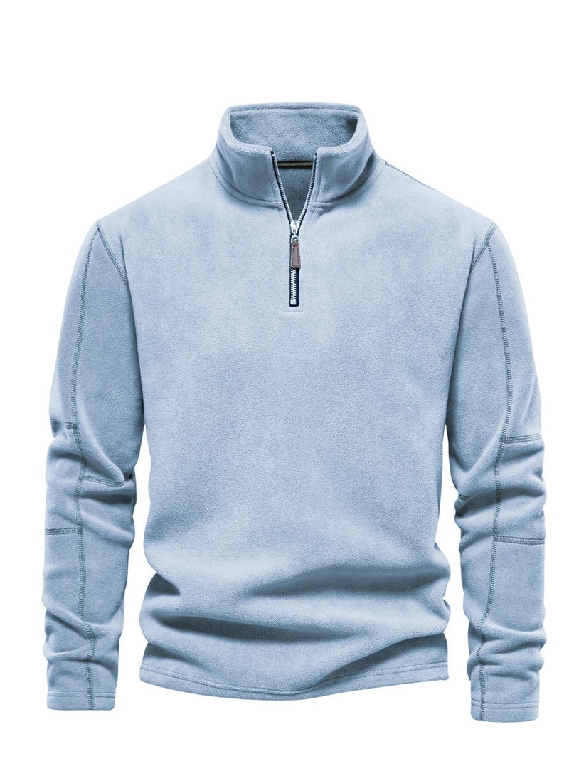 Loquat Men's Autumn And Winter Standing Collar Long Sleeved Hoodie Fleece Top  Light Blue  - Image 1