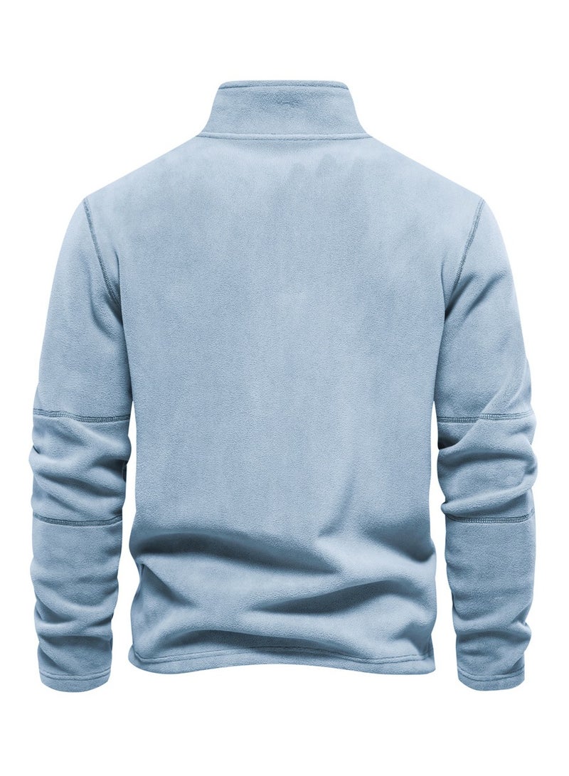 Loquat Men's Autumn And Winter Standing Collar Long Sleeved Hoodie Fleece Top  Light Blue  - Image 2