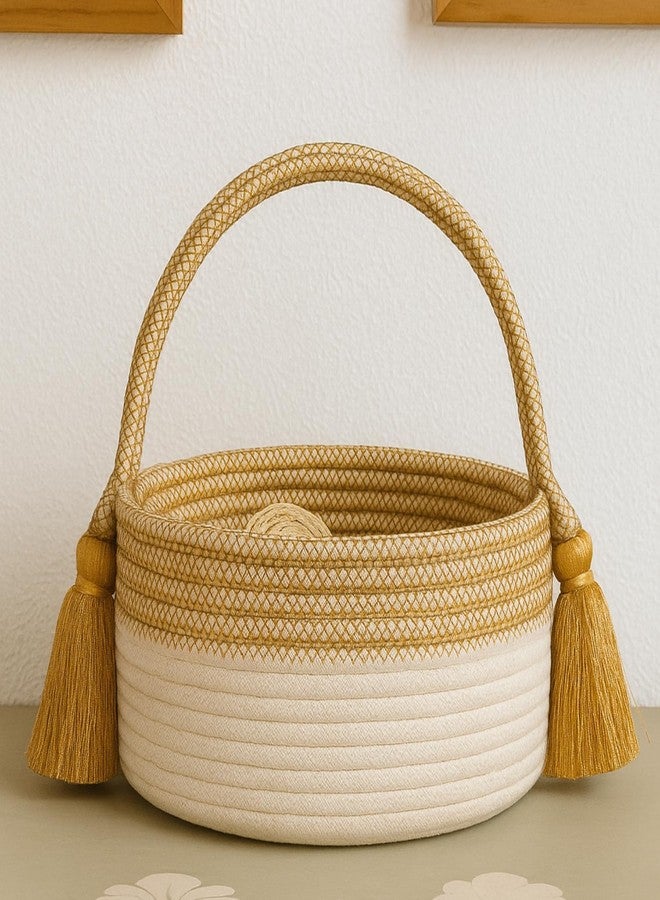 Bobbiny Round Woven Rope Storage Basket with Handle & Tassels – Cotton Rope Decorative Basket Bin for Home, Nursery, Toys, Laundry – Mustard & Cream Boho Organizer Basket - Image 1