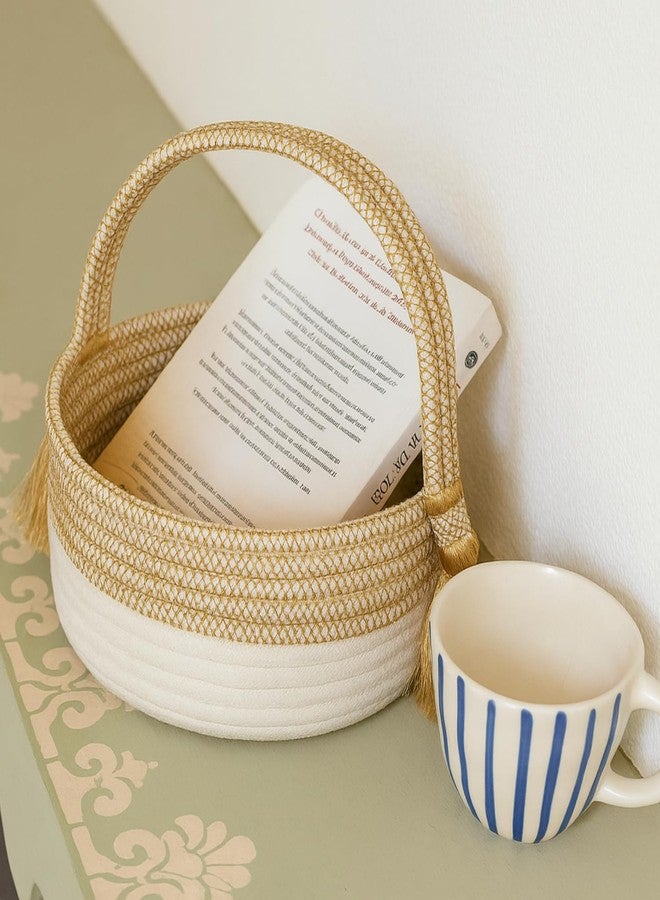 Bobbiny Round Woven Rope Storage Basket with Handle & Tassels – Cotton Rope Decorative Basket Bin for Home, Nursery, Toys, Laundry – Mustard & Cream Boho Organizer Basket - Image 5