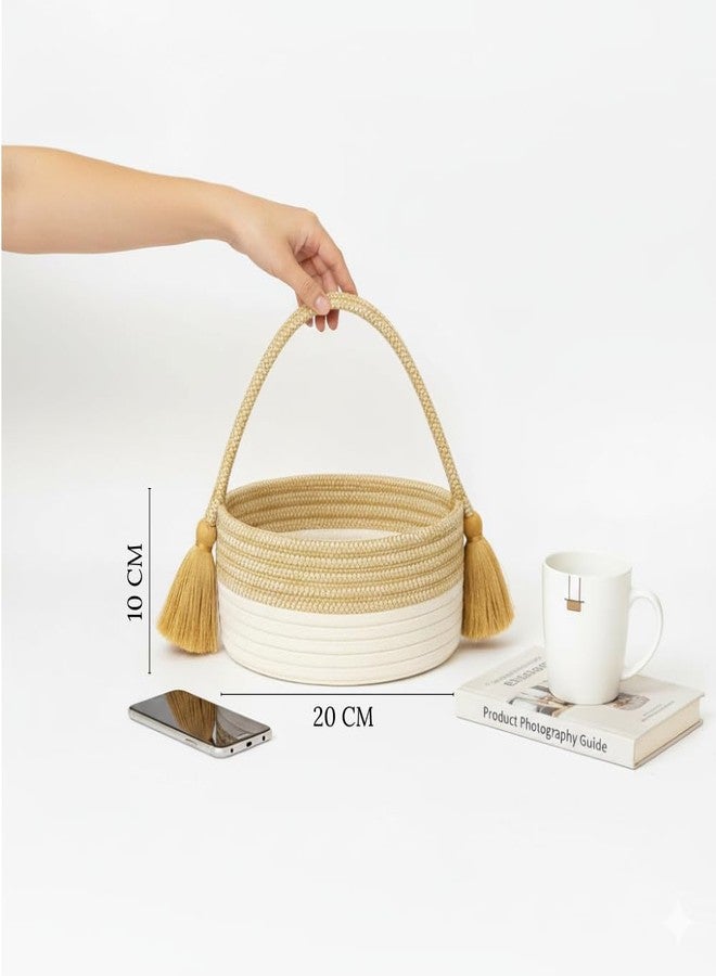 Bobbiny Round Woven Rope Storage Basket with Handle & Tassels – Cotton Rope Decorative Basket Bin for Home, Nursery, Toys, Laundry – Mustard & Cream Boho Organizer Basket - Image 2